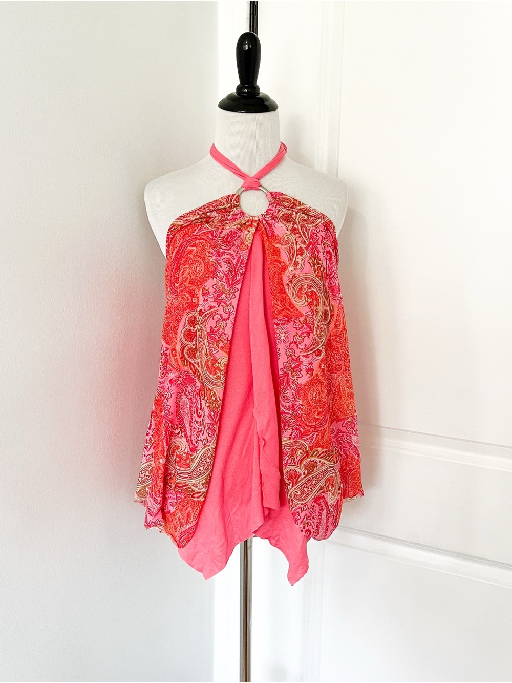 Vintage Y2K FANG Pink Paisley Halter Camisole with Ring Detail - XL